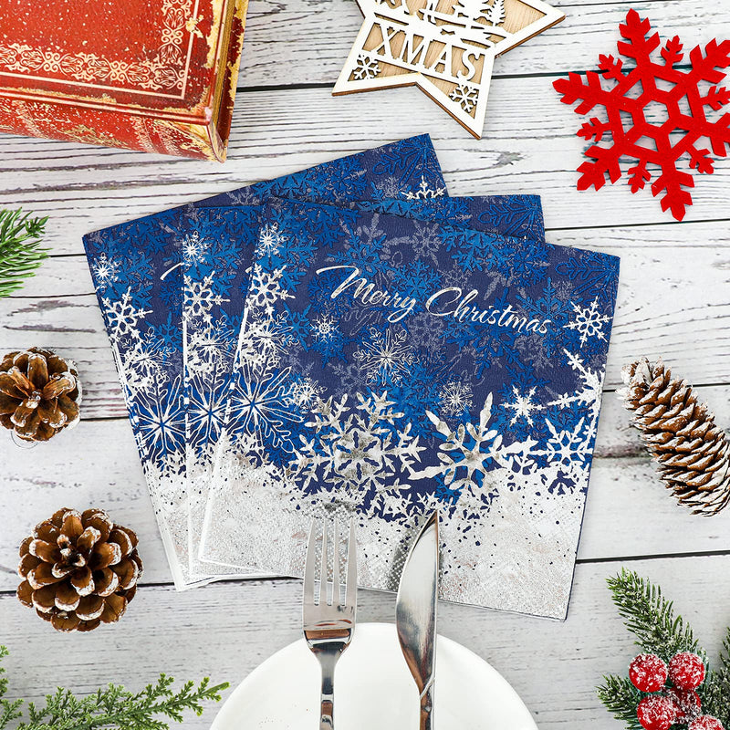 [Australia - AusPower] - Whaline 80 Pack Christmas Paper Napkins 6.5 x 6.5" Foil Silver Snowflake Cocktail Napkins Disposable Navy Blue White Party Beverage Napkins for Christmas New Year Winter Holiday Dinner Party Supplies 