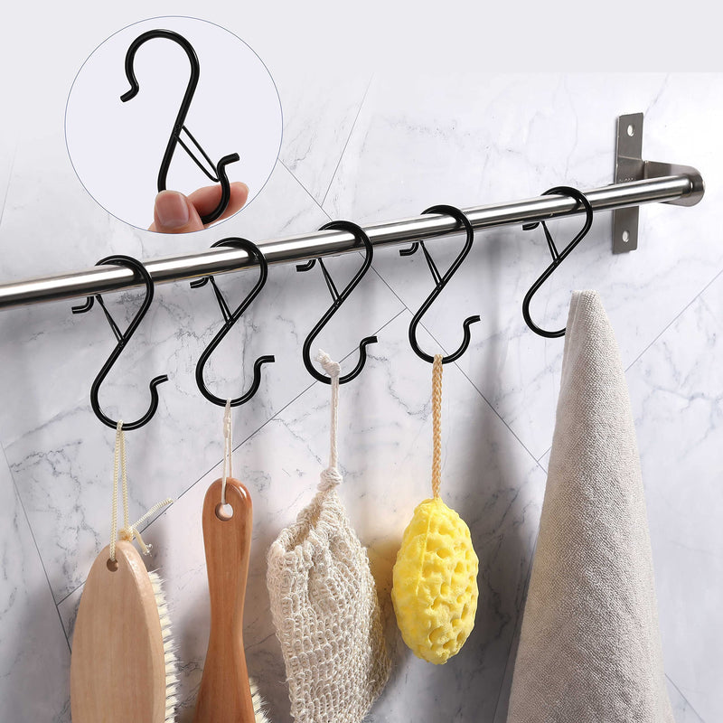[Australia - AusPower] - 10 Pack S Hooks for Hanging, S Hanger Hook for Kitchen Utensil, Cups, S Shaped Hooks with Safety Buckle for Hanging Flowerpots, Plants, Heavy Duty Metal S Hook Hang for Closet Rod, Bags, Hats (Black) Black 10 Pcs 