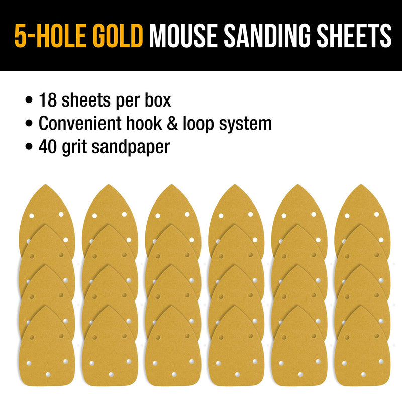 [Australia - AusPower] - Dura-Gold Premium Mouse Detail Sander Sandpaper Sanding Sheets - 40 Grit (Box of 18) - 5 Hole Pattern Hook & Loop Triangle Mouse Discs - Woodworking Wood, Furniture Crafting, Sand Automotive Paint 40-Grit 