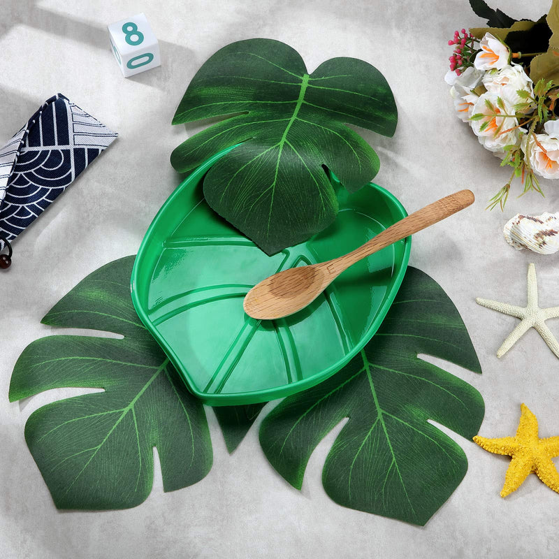 [Australia - AusPower] - Palm Leaf Snack Tray Hawaii Style Reusable Food Tray with Tropical Imitation Green Plant Leaves, Cookies Chips, Candy Dip, for Jungle Island Luau Party Theme Decorations Birthdays 12 Sets,8.3 x 7 Inch 