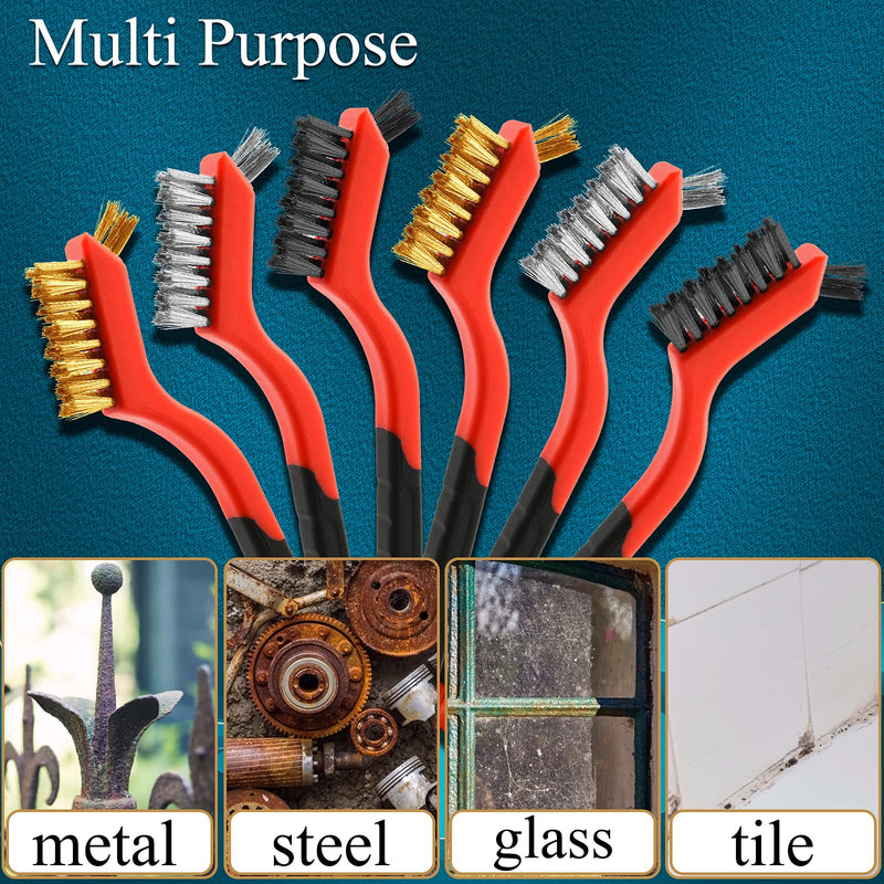 [Australia - AusPower] - Wire Brush Set, 6 Pcs Brass/Stainless Steel/Nylon Wire Brushes for Cleaning with Curved Handle Grip for Rust Removal, Dirt, Paint Scrubbing 