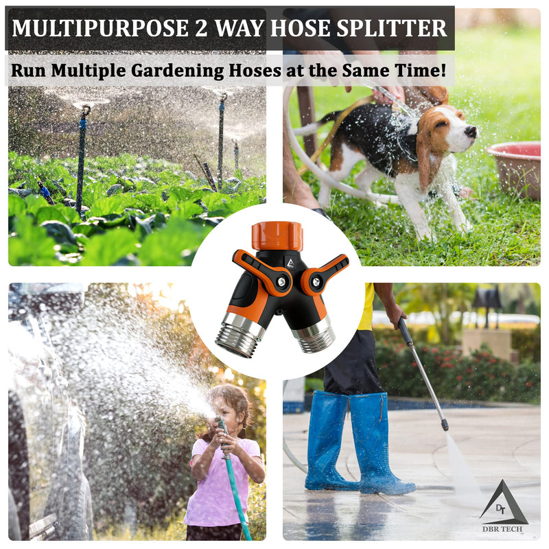 [Australia - AusPower] - Hose Splitter 2 Way, Heavy Duty Metal Connector, Two Way Garden Hose Splitter, High Flow Spigot Faucet Bib Adapter, Lead Free Solid Double Y Shut Off Valve for Outdoor Gardening Hoses, Orange 