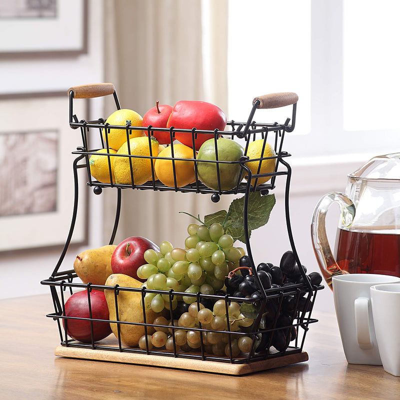 [Australia - AusPower] - SunnyPoint 2-Tier Rectangle Countertop Fruit, Bread Wire Basket (Black, Metal + Wood base) Black 