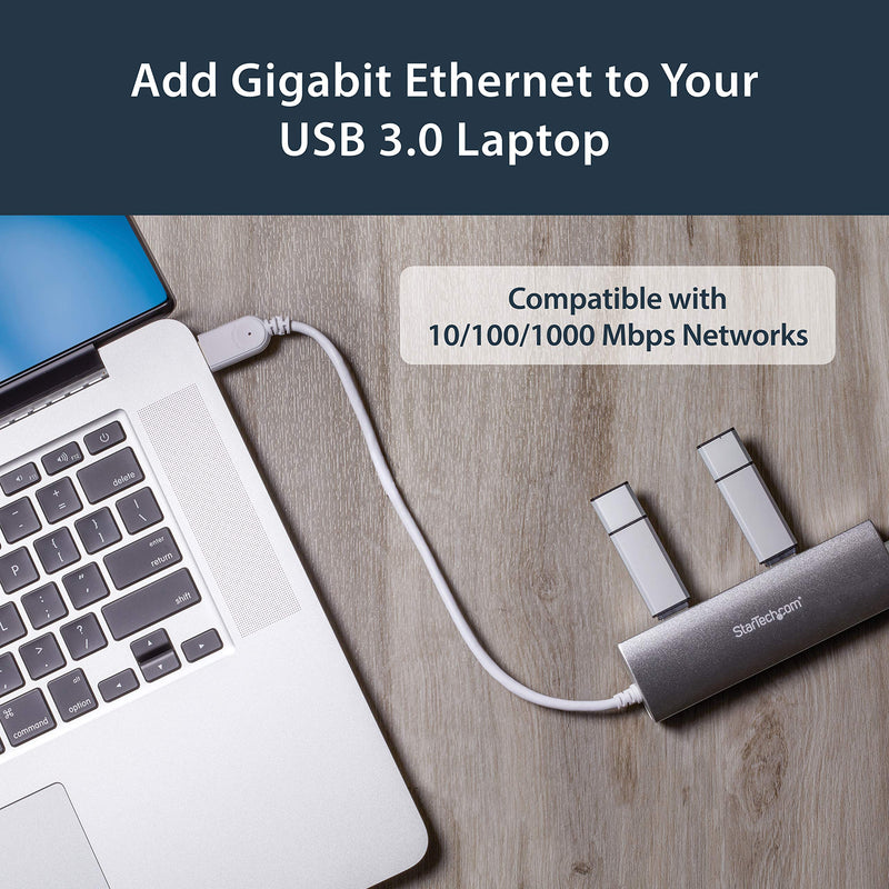[Australia - AusPower] - StarTech.com 3-Port USB 3.0 Hub with Gigabit Ethernet - Up to 5Gbps - Portable USB Port Expander with Built-in Cable (ST3300G3UA) Silver w/ 3 USB Ports 