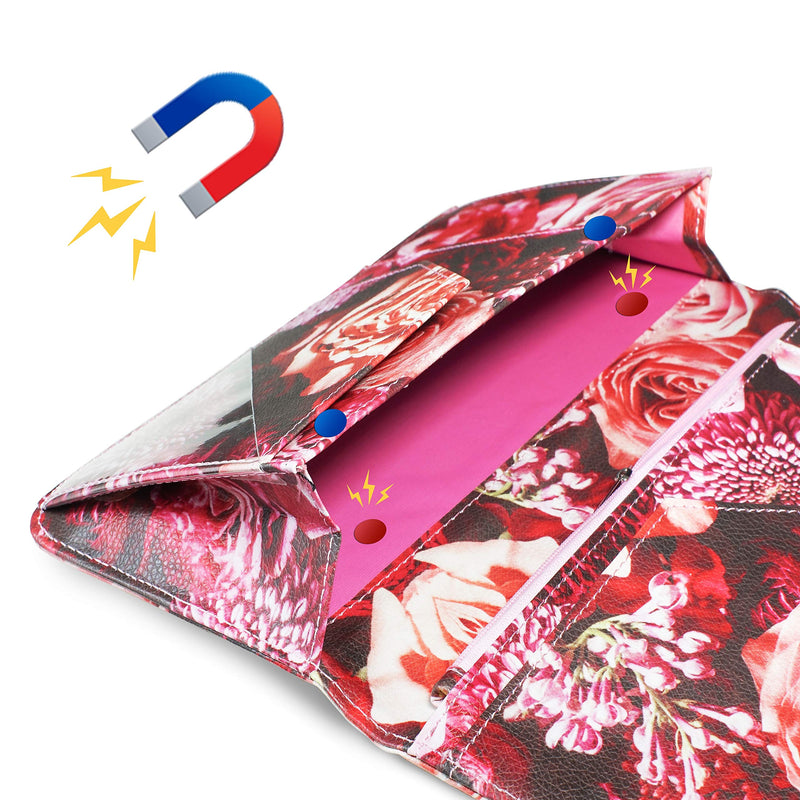 [Australia - AusPower] - Server Book for Waitress Book with Zipper and Magnetic Pocket Server Wallet with Zipper Pouch Restaurant Waitstaff Organizer, Guest Check Serving Book Holder Fit Server Big Volume(Rose Flower) 