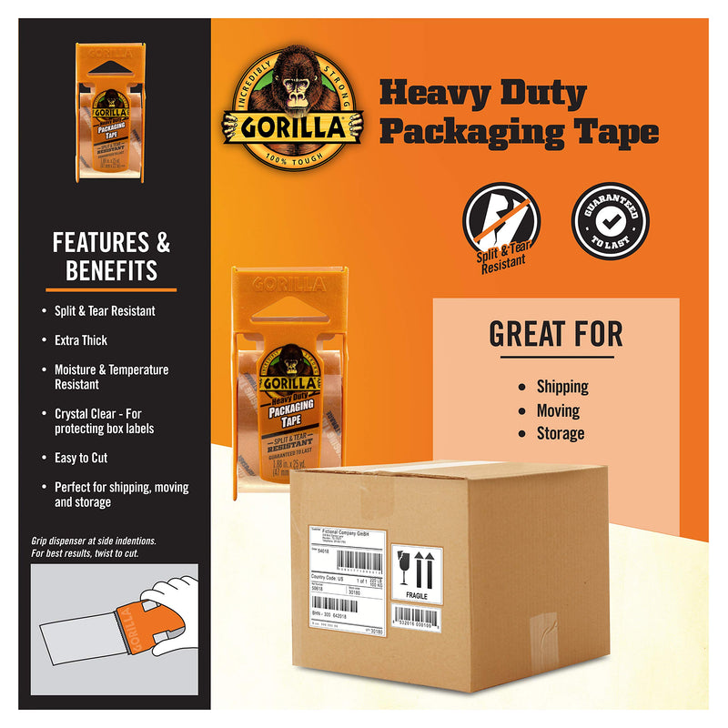 [Australia - AusPower] - Gorilla Heavy Duty Packing Tape with Dispenser for Moving, Shipping and Storage, 1.88" x 25 yd, Clear, (Pack of 1) 1 - Pack 