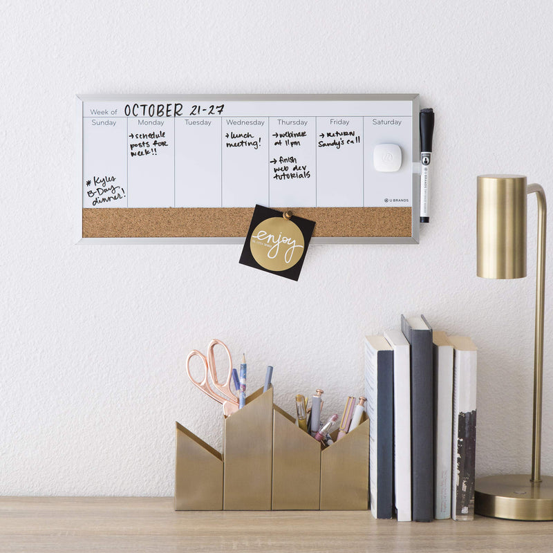 [Australia - AusPower] - U Brands 362U00-04 Magnetic Dry Erase/Cork Weekly Calendar Board, 18 x 7.5 Inches, Silver Aluminum Frame, White 18'' x 7.5'' 