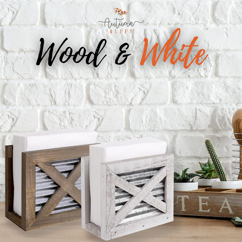 [Australia - AusPower] - Autumn Alley Farmhouse Napkin Holder - Wooden Napkin Holder - Classic Barn Door Motif with Galvanized Metal - Rustic Napkin Holder for Farmhouse Décor - Shabby White Country Napkin Holder 