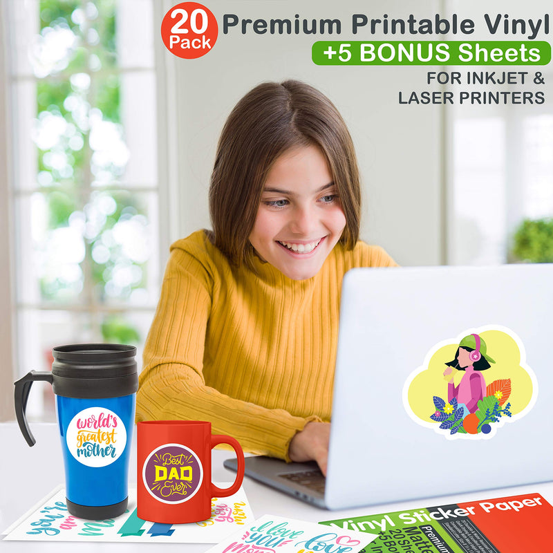 [Australia - AusPower] - JOYEZA Premium Printable Vinyl Sticker Paper for Inkjet Printer - 25 Sheets Matte White Waterproof, Dries Quickly Vivid Colors, Holds Ink well- Tear Resistant - Inkjet & Laser Printer 