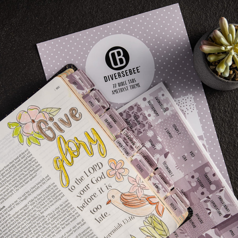 [Australia - AusPower] - DiverseBee Laminated Bible Tabs (Large Print, Easy to Apply), Bible Study Journaling Supplies, 77 Bible Index Book Tabs for Women, Bible Accessories, Includes 11 Blank Tabs - Amethyst Theme 