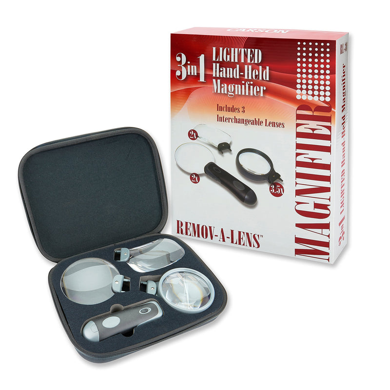 [Australia - AusPower] - Carson Remov-A-Lens 3-in-1 LED Lighted Hand-Held Magnifier Set with 3 Interchangeable Magnifying Glass Lenses (RL-30) 