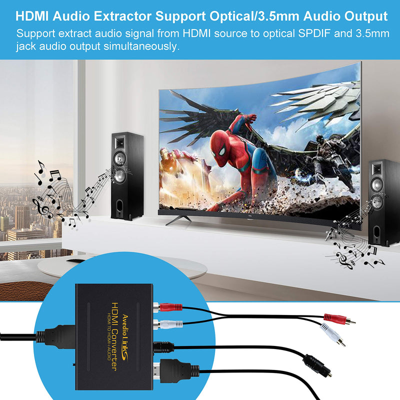[Australia - AusPower] - 4K HDMI Audio Extractor Splitter, avedio links 1080P HDMI to HDMI Audio Converter + Optical Toslink SPDIF + RCA L/R Stereo Analog Audio, HDMI Audio Adapter for Fire Stick, Blu-Ray Player 
