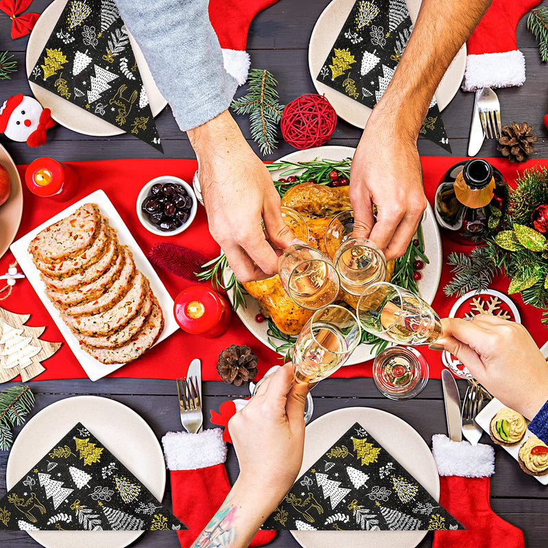 [Australia - AusPower] - Whaline 80 Pack Christmas Paper Napkins 6.5 x 6.5" Xmas Tree Cocktail Napkins Disposable Black White Gold Party Beverage Napkins for Christmas New Year Winter Holiday Dinner Party Supplies 