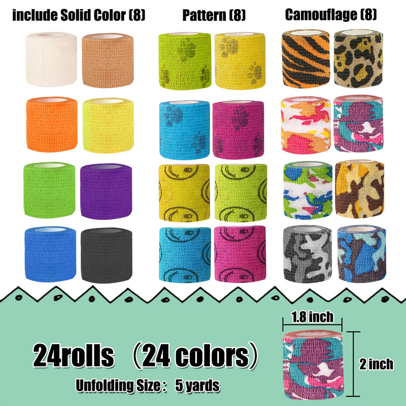 [Australia - AusPower] - HOCTRAKA 24Pack Self Adhesive Tape Vet Wrap Flex Bandages Leg Wrap Adherent Non-Woven for Dog Cat Horse Pet Animals Ankle Sprains & Swelling 2 Inch 5 Yards (Assorted Patterns) 