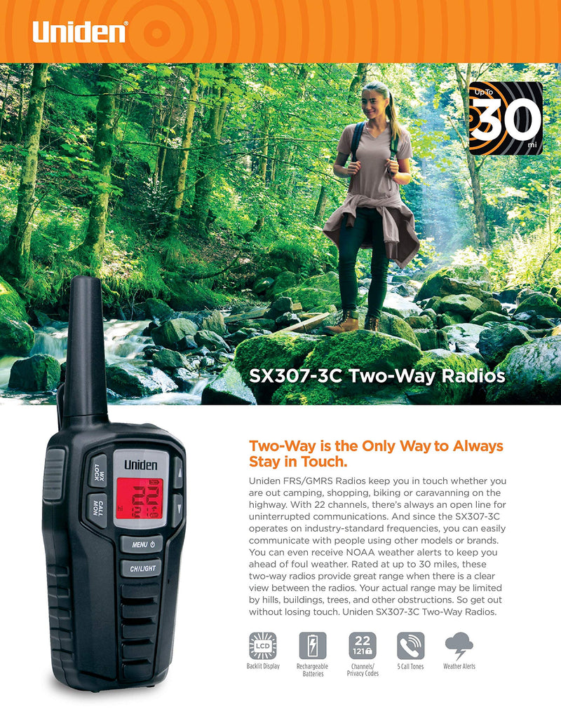 [Australia - AusPower] - Uniden SX307-3C FRS 3-Pack, Up to 30-Mile Range, Walkie Talkies, 22-Channel FRS 2-Way Radios - Black 