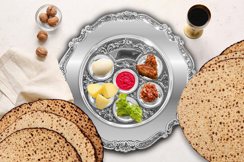 [Australia - AusPower] - Ner Mitzvah Silver Plated Passover Seder Plate - Traditional Judaica Passover Seder Plate - Kaarah Shallow Traditional Design Large 12" Diameter 