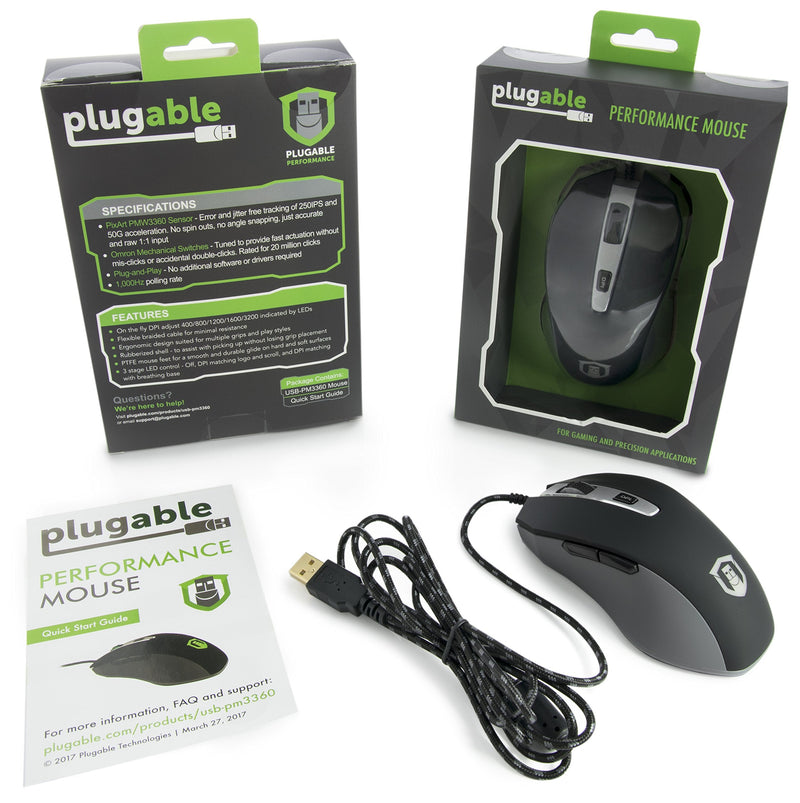 [Australia - AusPower] - Plugable Performance Gaming Mouse - PMW 3360 Optical Sensor - D2F Series Mechanical Switches - PTFE Mouse feet 