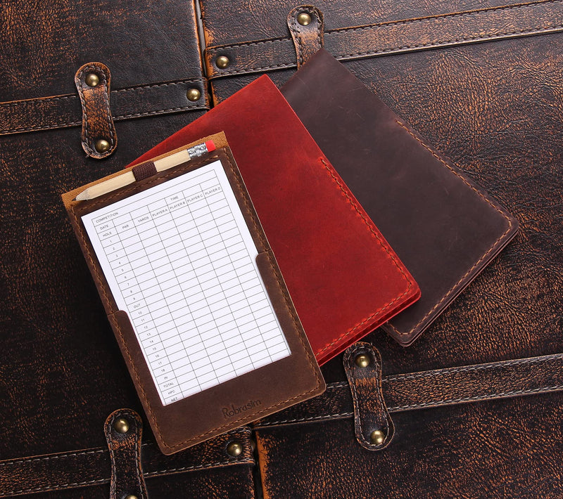 [Australia - AusPower] - Robrasim Handmade Leather Yardage Book Cover, Leather Golf Scorecard Holder with Built-in Pencil Loop Brown 