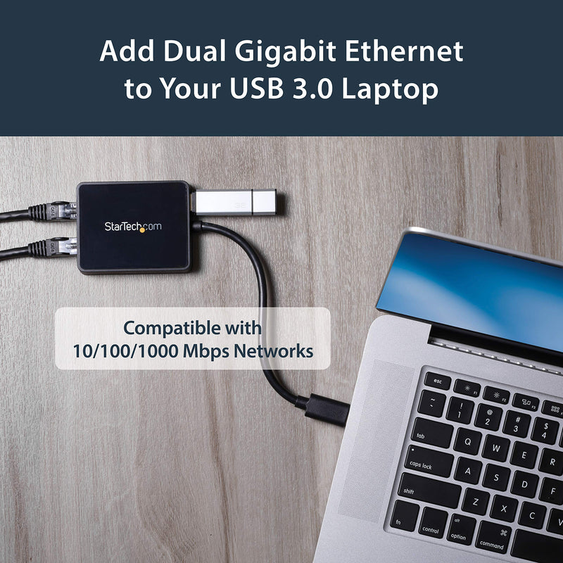 [Australia - AusPower] - StarTech.com USB 3.0 to Dual Port Gigabit Ethernet Adapter w/USB Port - 10/100/100 - USB Gigabit LAN Network NIC Adapter (USB32000SPT) Black 