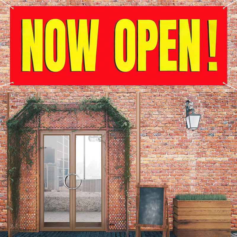 [Australia - AusPower] - Large Now Open Banner Outdoor Indoor Signs Polyester Oxford Cloth Now Open Sign Hanging Banner Lawn Sign Liquor Now Open Banner for Business, Shop Decoration, 3 x 8 Feet (Red Background with Yellow) Red Background With Yellow 