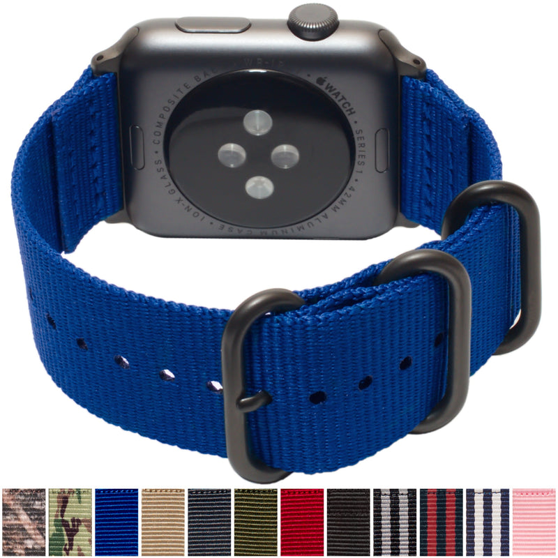 [Australia - AusPower] - Carterjett Compatible with Apple Watch Band 44mm 42mm Nylon Sport iWatch Bands Replacement Woven Canvas Military Style Strap Rugged Steel Adapters Buckle for Series 6 5 4 3 2 1 Nike Sport (44 42 S/M/L Blue) Blue Nylon w/ Gray hardware 