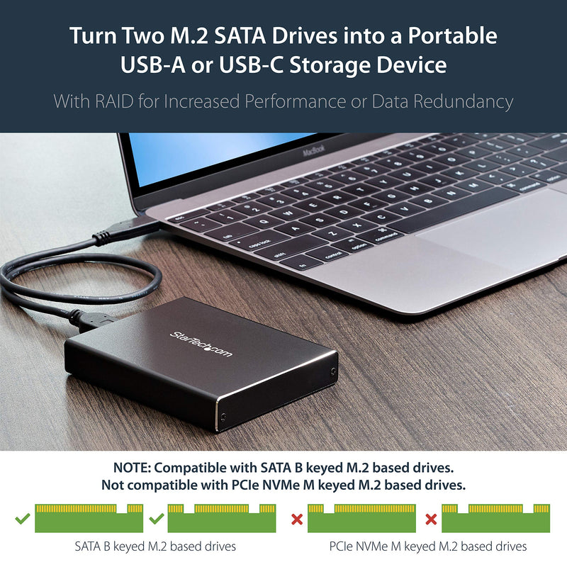[Australia - AusPower] - StarTech.com Dual-Slot Hard Drive Enclosure for M.2 SATA SSDs - USB 3.1 (10Gbps) - Aluminum - M.2 to SATA - Raid Drive Enclosure (SM22BU31C3R) USB-A & USB-C Dual M.2 SATA 