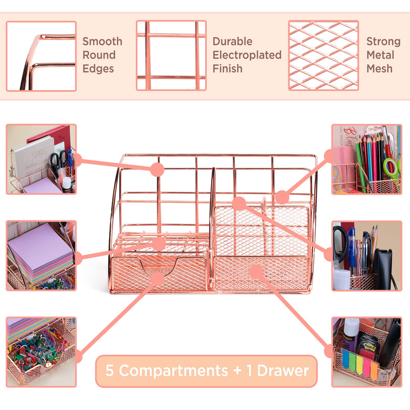 [Australia - AusPower] - Rose Gold Desk Organizer for Women Cute Home Office Accessories & Supplies Decor, Girly Desktop Stationary Essentials Organization Set, Mesh Caddy Storage 5 Compartments +1 Mini Sliding Drawer Rose Gold Small 8.7x5.5x5 