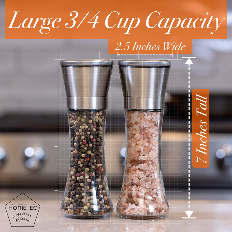 [Australia - AusPower] - HOME EC Premium Stainless Steel Salt and Pepper Grinder Set of 2 - Adjustable Ceramic Sea Salt Grinder & Pepper Grinder - Tall Glass Salt and Pepper Shakers - Pepper Mill & Salt Mill W/Funnel & Ebook 