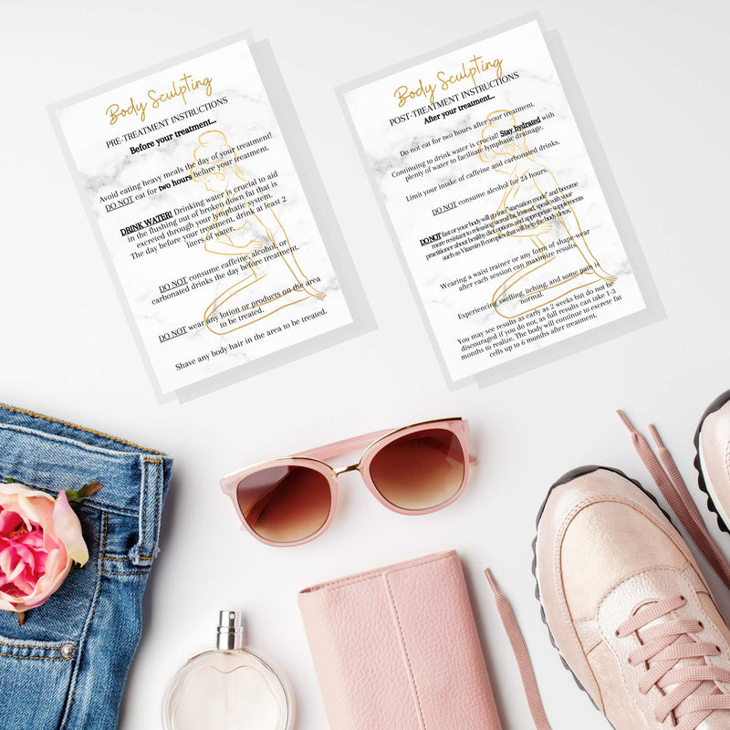 [Australia - AusPower] - Body Sculpting Pre/Post Treatment Infocards | 30 Pack | 4x6” inch Large Postcard Size | Marble Look with Gold Colored Bodice Silhouette Design 