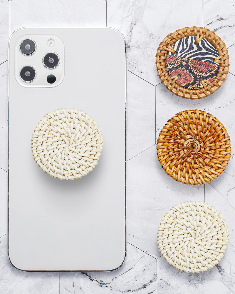 [Australia - AusPower] - Matte Stone Handmade Real Natural Rattan Phone Grip Stand for Cell Phone and Tablet (White) 