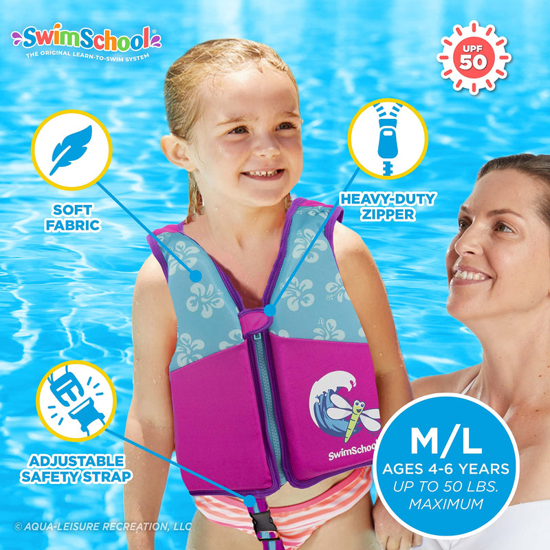 [Australia - AusPower] - SwimSchool Swim Trainer Vest – Medium/Large Max 50 Pounds – Kids Swim Vest with Padded Shoulders –Comfortable Flex-Form-Fit Design with Adjustable Safety Strap – Pink/Aqua 