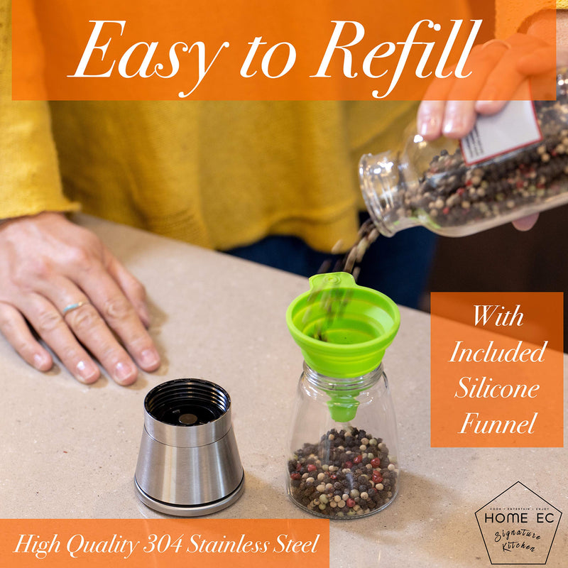 [Australia - AusPower] - HOME EC Premium Stainless Steel Salt and Pepper Grinder Set of 2 - Adjustable Ceramic Sea Salt Grinder & Pepper Grinder - Glass Salt and Pepper Shakers - Pepper Mill & Salt Mill W/Funnel & EBook ClearSilver 
