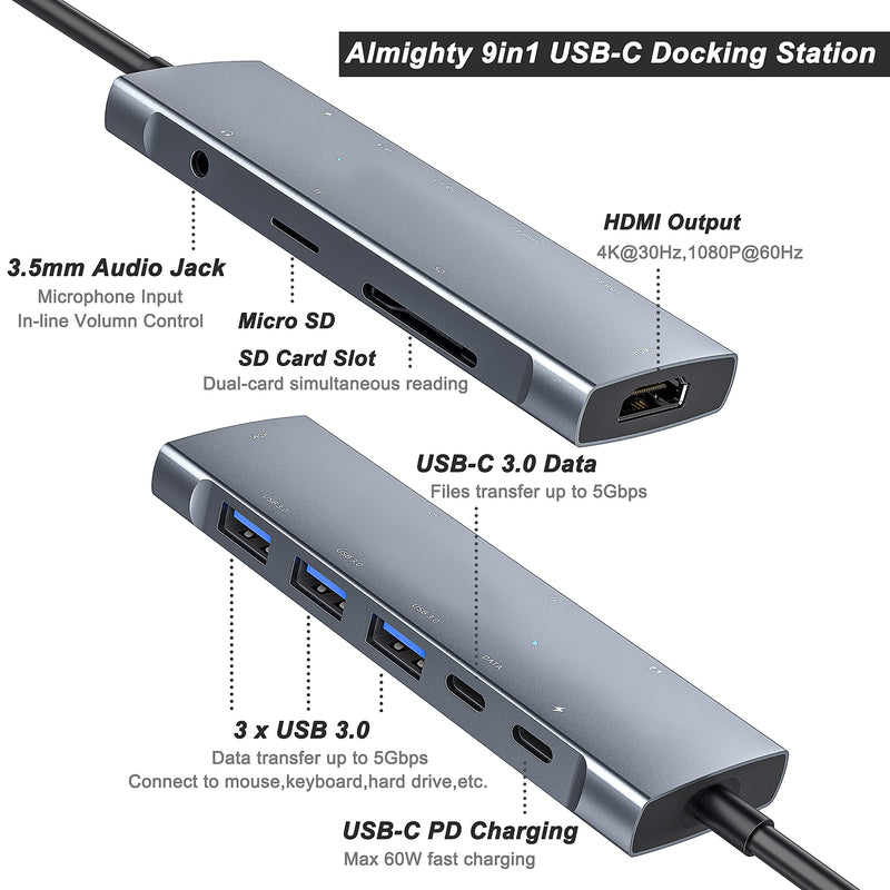 [Australia - AusPower] - USB C Hub Multiport Adapter for iPad Pro MacBook Pro Air M1 2021-2018, 9-in-1 USB C 4K HDMI Adapter with 3.5mm Audio Jack,3xUSB3.0,SD/Micro SD Card Reader,60W USB C Charging,USB-C 3.0 Data 