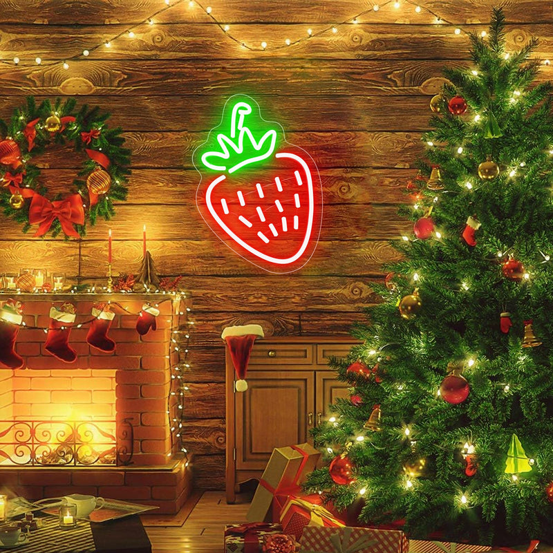 [Australia - AusPower] - Strawberry Neon Sign, Red Green Strawberry Led Sign Shape Neon Light for Fruit Shop, Restaurant, Bedroom Wall Decor, Bar Birthday Art Decoration Christmas with USB Chain Light Modulator 5v 