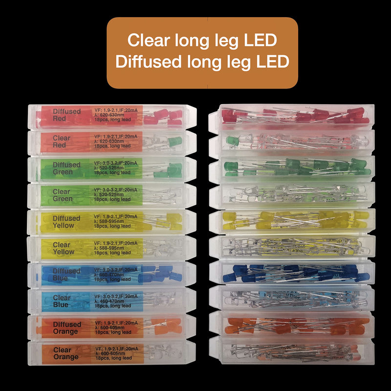 [Australia - AusPower] - EEEEE (10 Types) 180 pcs Long Lead 5mm LED kit and LED diode Lights Emitting Diode LED Assortment Kit for Tiny Small led and Single led Light arduino led 5mm led Lights led diode Lights diode led 10 Types 180 Pcs 