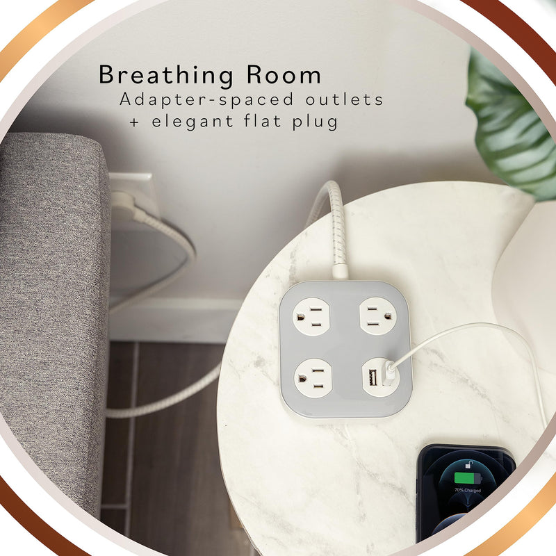 [Australia - AusPower] - Cordinate 3-Outlet Power Strip, 2 USB-A Ports (2.1A), Braided Cord, 4ft, Cream/Gray, 78847 Gray 3 Outlet | 2 USB-A 