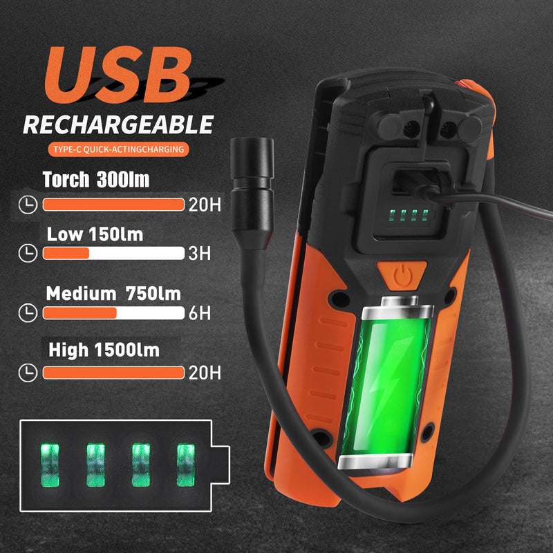 [Australia - AusPower] - ANYLIGHT Work Light - LED Rechargeable Work Light with COB 1500LM & 300LM Portable Gooseneck USB Rechargeable - Magnetic Led Worklight, Work Light Tool for Car Repair, Camping & Job Site Lighting 