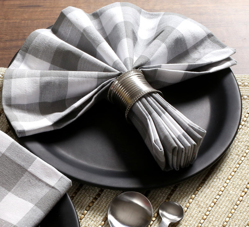 [Australia - AusPower] - Cotton Clinic 20x20 Gingham Buffalo Check Cloth Dinner Napkins Pack of 12, 100% Cotton Cocktail Napkins, Wedding Dinner Napkins with Mitered Corners and Generous Hem - Gray White Gray White Napkins Napkins 20x20 