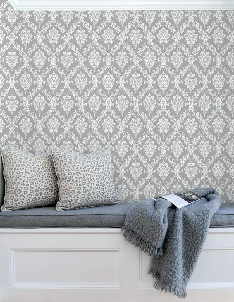 [Australia - AusPower] - Micpolo Peel and Stick Wallpaper Grey and White Contact Paper for Cabinets and Drawers Damask Wallpaper Removable Grey Peel and Stick Wallpaper for Bedroom Bathroom Shelf Liner Wall Decor 17.7"Ã—78" 17.7"X78" 