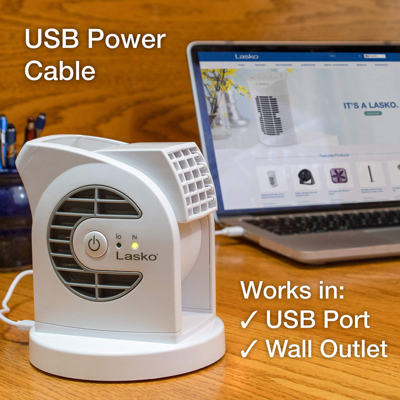 [Australia - AusPower] - Lasko MyCool D300 Mini USB Desk Fan with 40in. USB Cable and Bonus AC Adapter – Small Quiet Portable Personal 2-Speed Fans for Staying Cool at Home, Work, Office, Dorm, Car, and Travel, White 