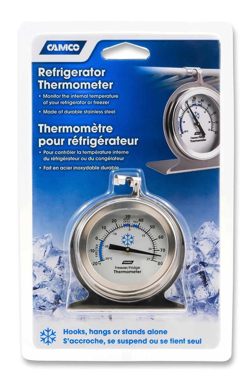 [Australia - AusPower] - Camco Durable Steel Refrigerator-Freezer Thermometer - Monitors the Internal Temperature of Your Refrigerator or Freezer, Hooks or Stands Alone (42114) 