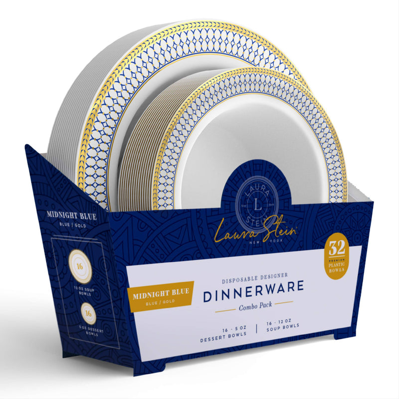 [Australia - AusPower] - Laura Stein Designer Dinnerware Set | 32 Disposable Plastic Party Bowls | White Wedding Bowl with Blue Rim & Gold Accents | Set Includes 16 x 12 oz Soup Bowls + 16 x 5 oz Dessert Bowls | Midnight Blue 1 Combo Pack, 32 Bowls (16 Sets) Blue & Gold 