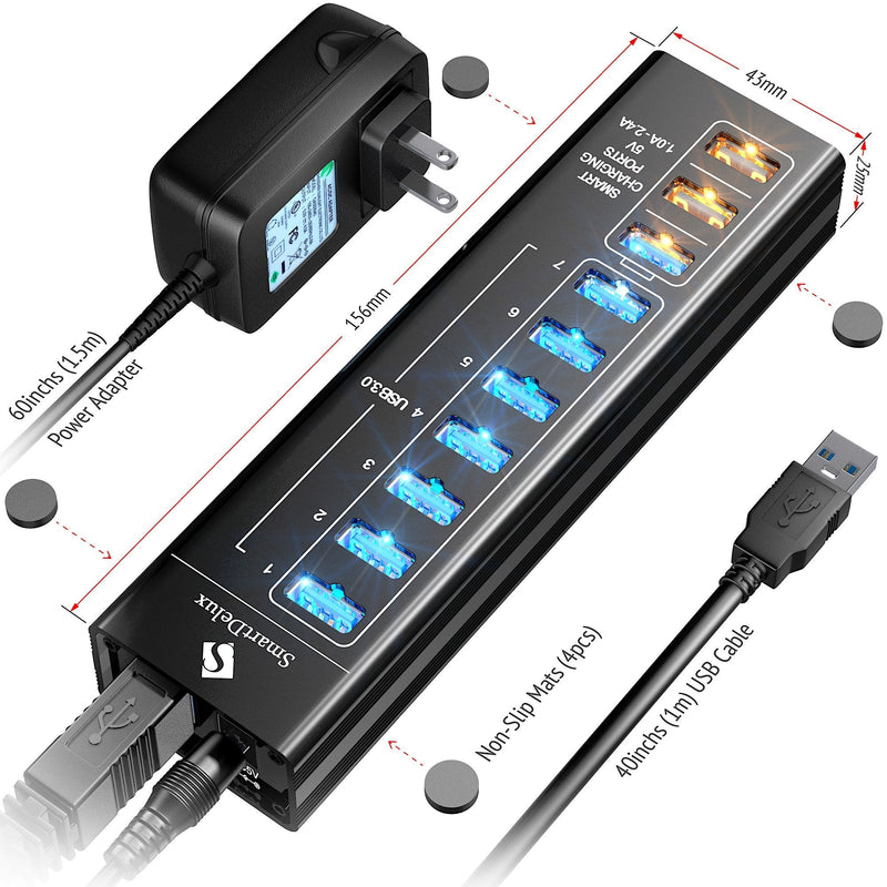 [Australia - AusPower] - SmartDelux Powered USB Hub - 10-Port USB 3.0 Hub with 7 USB 3.0 Ports, 3 Smart Charging Ports, Power Adapter, Long Cord, LEDs - Black Aluminum 10-port USB Hub 