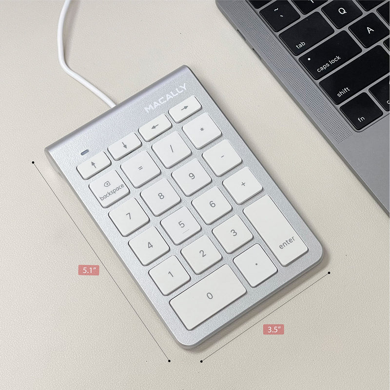 [Australia - AusPower] - Macally Wired USB C Number Pad Keyboard - Type C Numeric Keypad for Laptop, Apple Mac iMac MacBook Pro/Air, Windows PC, or Desktop Computer - 10 Key USB Keypad Numpad with 5 Foot Cable - Silver 