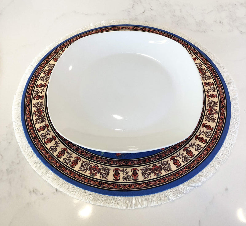 [Australia - AusPower] - Inusitus Oriental Rug Place Mats – Set of 2 Round Table Mats with Fringes - Miniature Carpet Design Table Setting placemats - Stunning Dining Table Décor for Home, Kitchen & Bars (Round) 