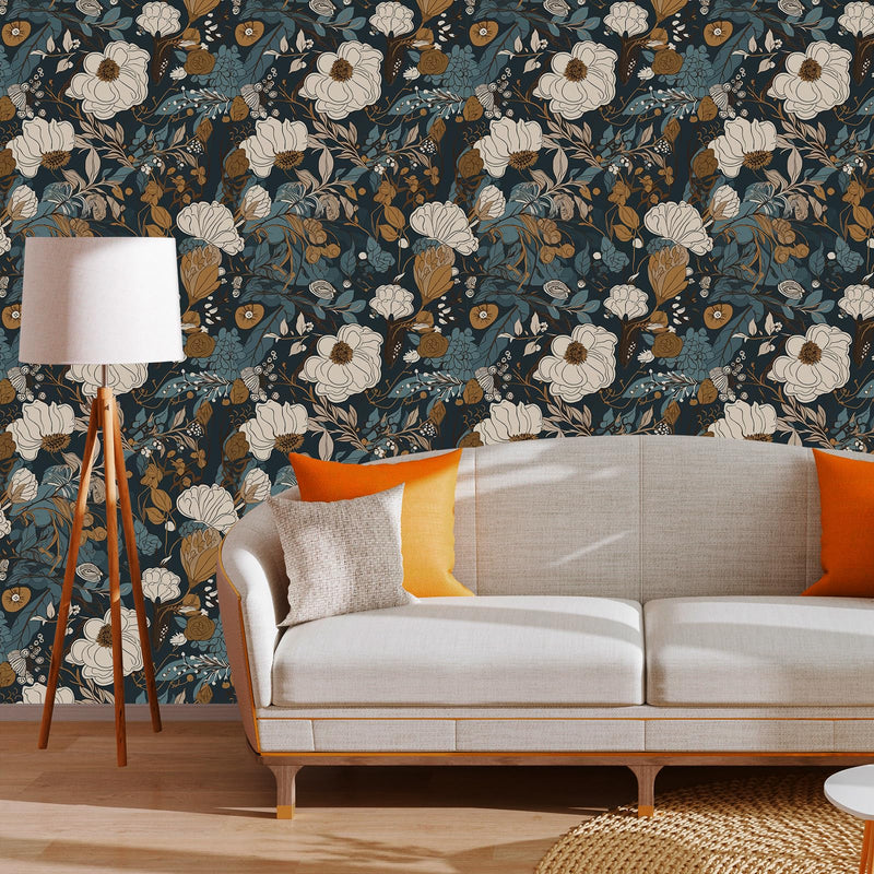 [Australia - AusPower] - MAGAFA Floral Peel and Stick Wallpaper Boho Removable Wallpaper for Bedroom Bathroom Black/Sand/Oliva Easy Peel Off Wallpaper Stick on Wallpaper Vintage Renter Friendly Wall Paper 236.2" X 17.7" 17.71"X236.2" 