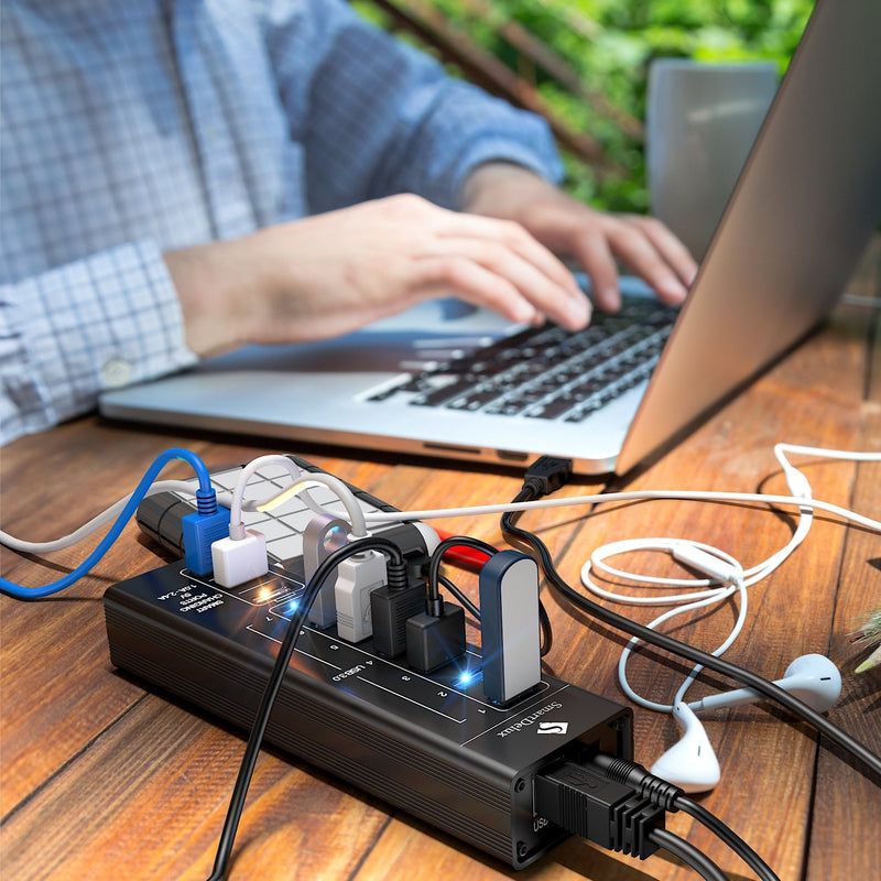 [Australia - AusPower] - SmartDelux Powered USB Hub - 10-Port USB 3.0 Hub with 7 USB 3.0 Ports, 3 Smart Charging Ports, Power Adapter, Long Cord, LEDs - Black Aluminum 10-port USB Hub 