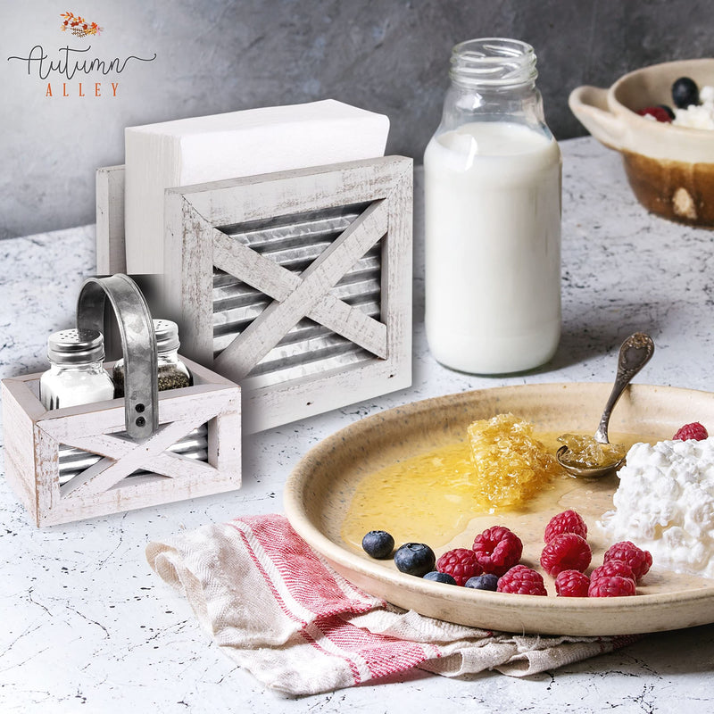 [Australia - AusPower] - Autumn Alley Barn Door Farmhouse Salt and Pepper Shakers Set in White and Galvanized Caddy - Shabby Chic Salt & Pepper Shakers for Country Kitchen 
