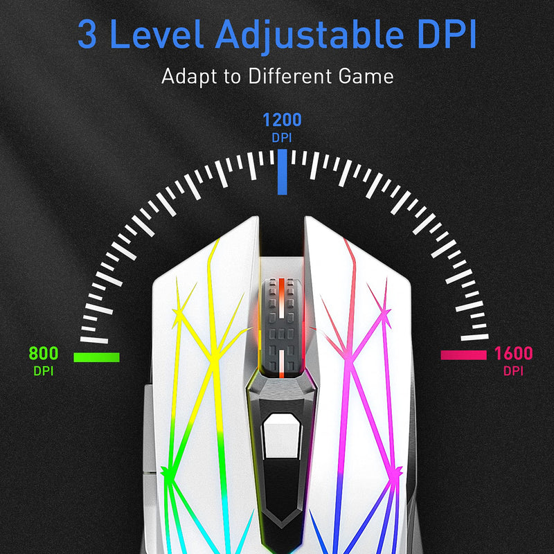 [Australia - AusPower] - Wireless Gaming Mouse, RIIKUNTEK Computer Mouse Rechargeable with 3 Adjustable DPI, Silent Click, USB Receiver, LED Lights, 2.4GHz Portable Ergonomic RGB Optical Gamer Mice Mouse for Laptop PC White 