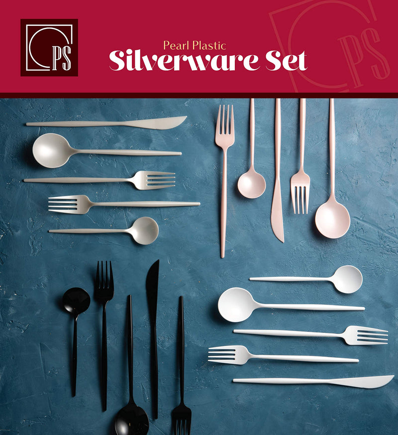 [Australia - AusPower] - Plastic Cutlery Set-40 Set- Disposable Forks, Spoons, Knives- Fancy Flatware Utensil Set for Dinner, Salad, Soup, Tea- Heavy Duty Handle, Modern, Reusable- For Parties, Weddings, Catering (Pearl) Pearl 
